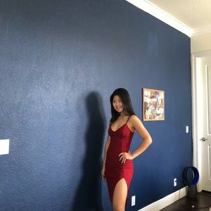 Red knit bodycon dress with slit